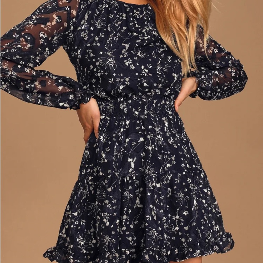 Lulus Too Cute Navy Blue Floral Print Smocked Long Sleeve Mini Dress